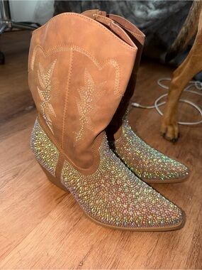 Target Tan Crystal Embellished Western Lace-Up Boots